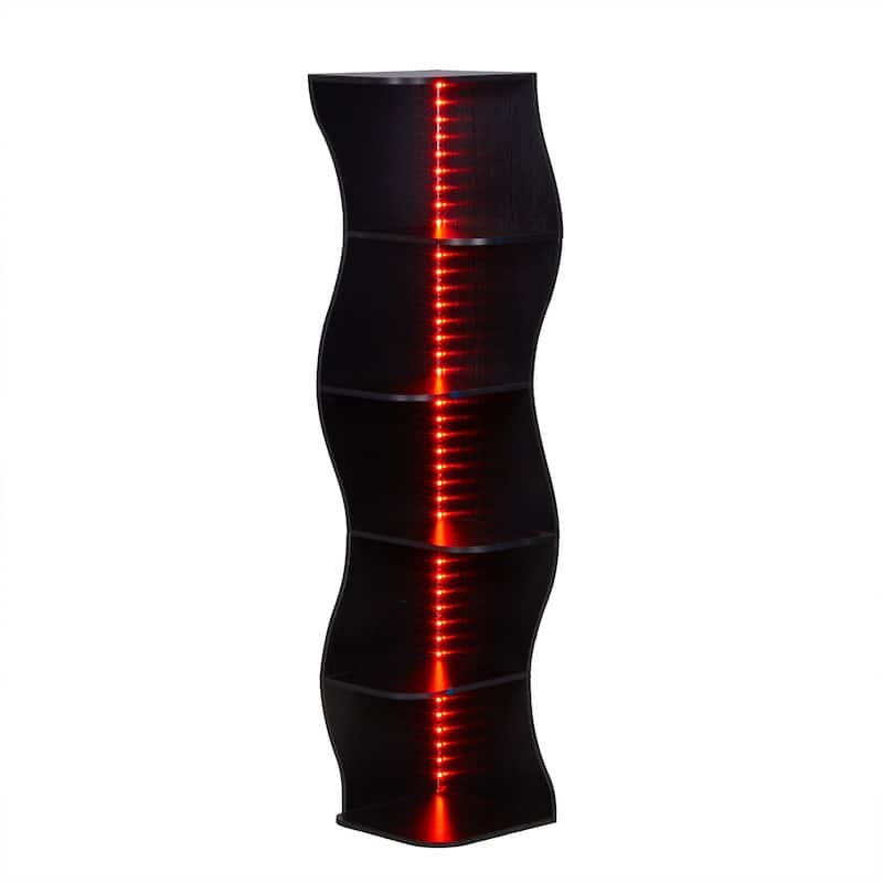 Javlergo 5-Tier Corner Bookshelf with LED Light Strip Seagrass Wave Design Tall Corner Bookcase with Lights for Living Room