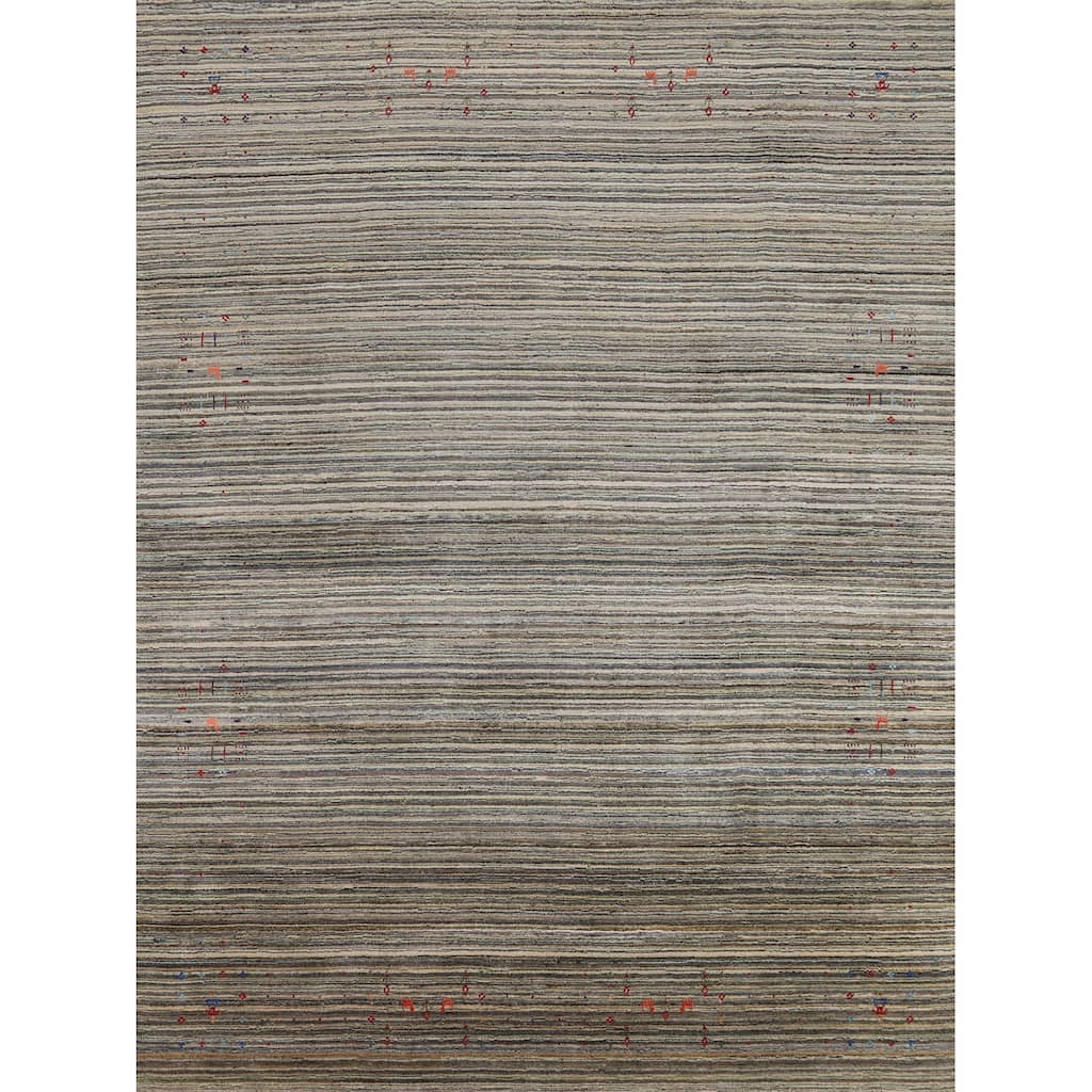 Striped Gabbeh Indian Area Rug Hand-Knotted Wool Carpet - 8'0" x 9'9"