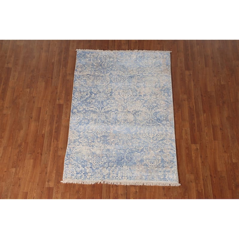 Striped Blue Abstract Modern Accent Rug Handmade Wool Carpet - 3'11"x 5'7"