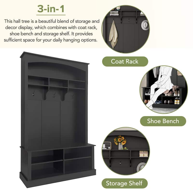47.2" Entryway Storage Bench – Multi-Functional Hall Tree with 3 Hooks, Open Shelves & Shoe Storage‌