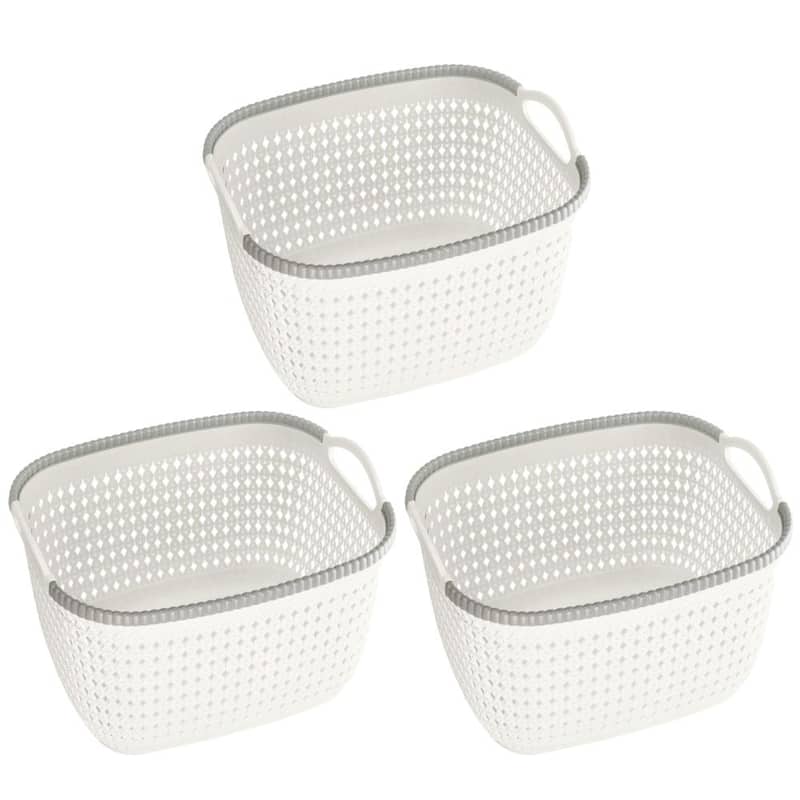 Rattan Plastic Weave Basket, Storage Bins Organizer for Closet, Shelf, Kitchen, Pantry and Bathroom -Ideal for Makeup, Cosmetics - White - Set of 3