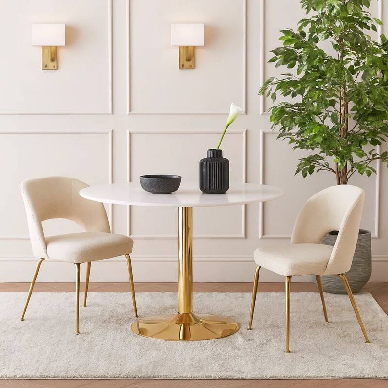 30 Inch Round Marble Top Modern Dining Table, White and Gold