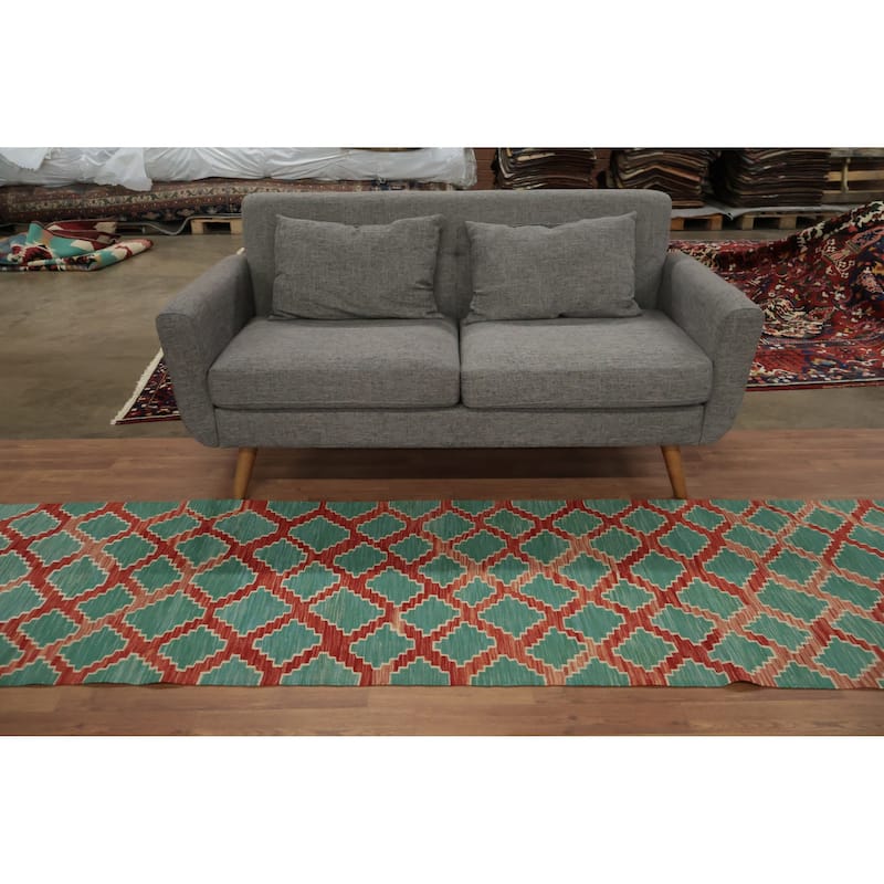 Hand Woven Oriental 100% Wool Carpet Southwestern All-Over Green Kilim Runner Rug - 9' 8'' X 2' 7''
