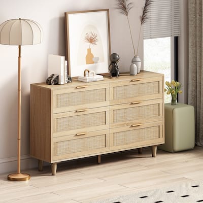 51.18" Rattan Storage Cabinet 6 Deep Drawer Bar Cabinet for Bedroom Wood Dresser Sideboard Buffet Storage Display Cabinet