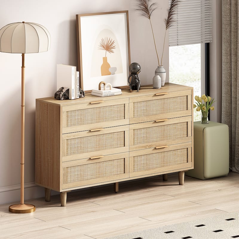 51.18" Rattan Storage Sideboard Cabinet with 6 Drawers - Brown