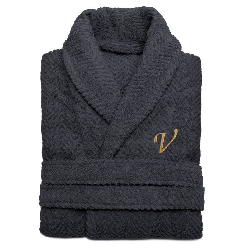 Authentic Hotel and Spa Charcoal Grey with Gold Monogrammed Herringbone Weave Turkish Cotton Unisex Bath Robe - S/M - V