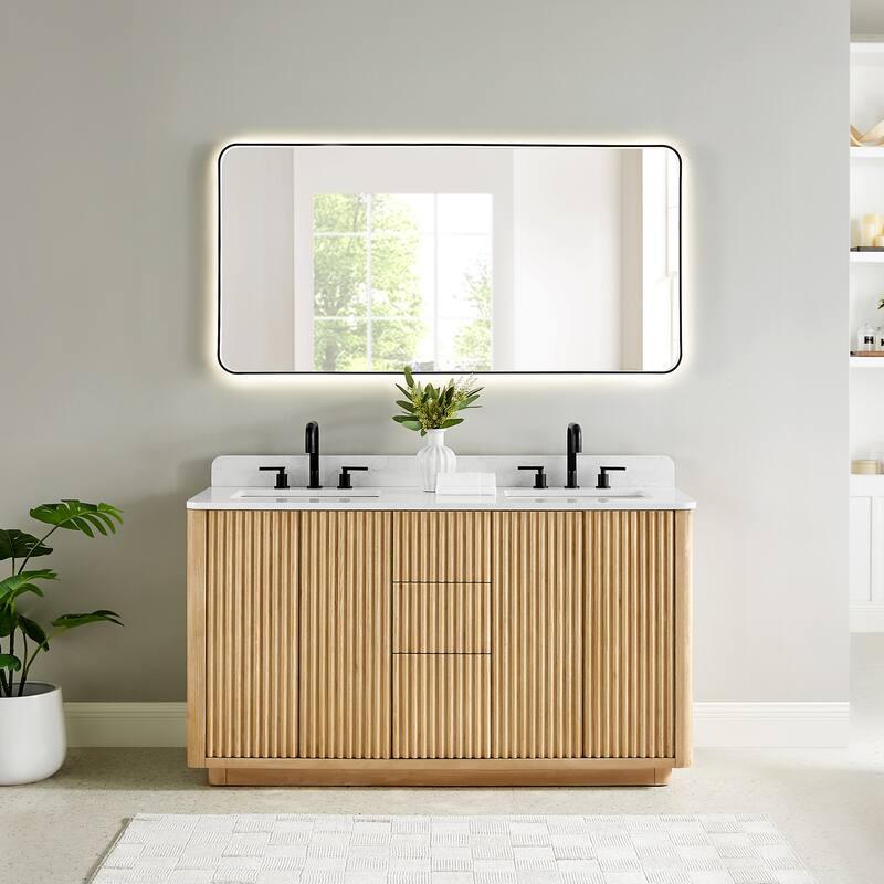 Clayton Bathroom Vanity in Washed Light Brown with Grain White Engineered Stone Countertop with Mirror