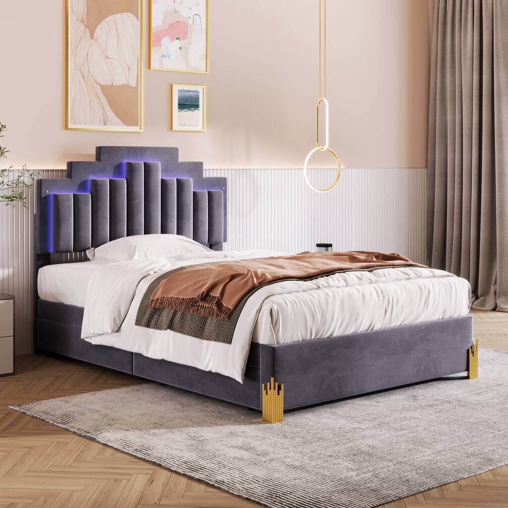 Velvet Fabric Platform Bed with Unique Headboard, 4 Drawers, Full, Grey