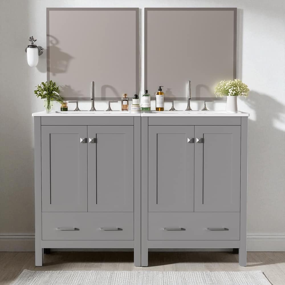 48'' Bathroom Vanity with Ceramic Sink, 4 Soft-Close Doors, 2 Drawers, Adjustable Shelf, Solid Wood Frame & Storage Cabinet