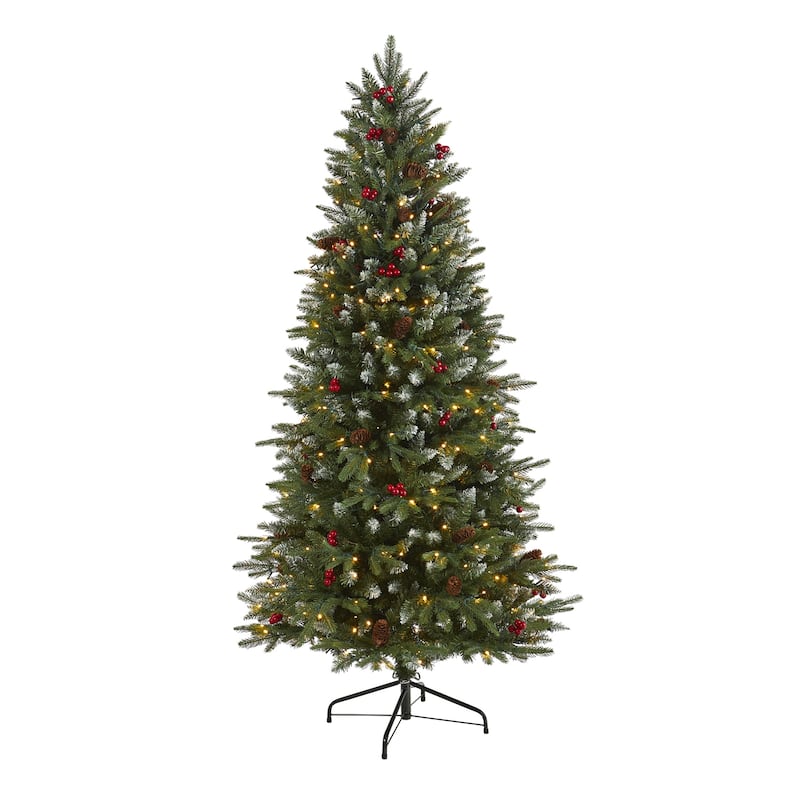 6ft. Snow Tipped Spruce Artificial Christmas Tree with Frosted Berries, Pinecones & 300 Clear LED Lights - Winter X-Mas Tree