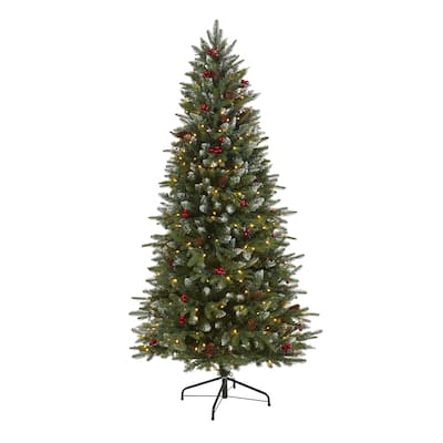 6ft. Snow Tipped Spruce Artificial Christmas Tree with Frosted Berries, Pinecones & 300 Clear LED Lights - Winter X-Mas Tree
