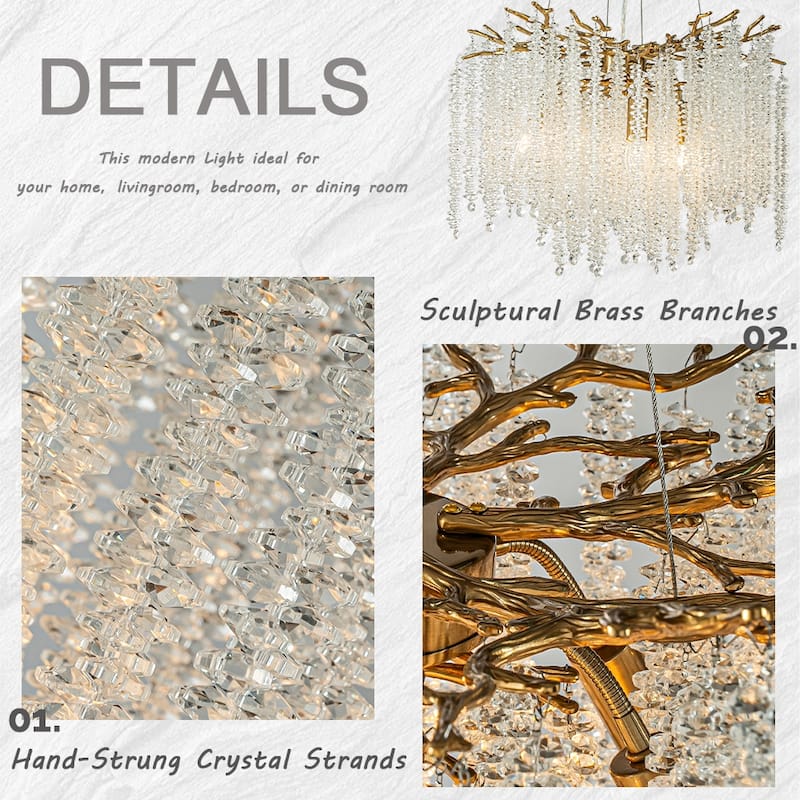 Modern Glam Crystal Chandelier Antique Brass/Polished Nickel Branch Style Pendant Ceiling Light for Dining Room Bedroom