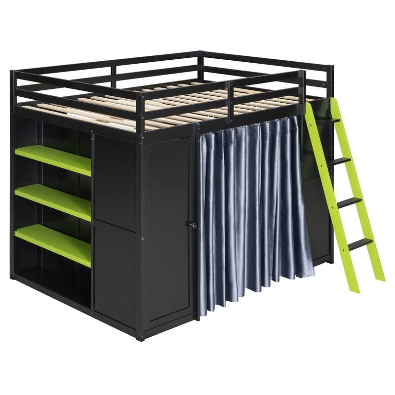 Roomfitters Full Size Loft Bed with Wardrobe, Desk, Blackout Curtains and RGB Lights