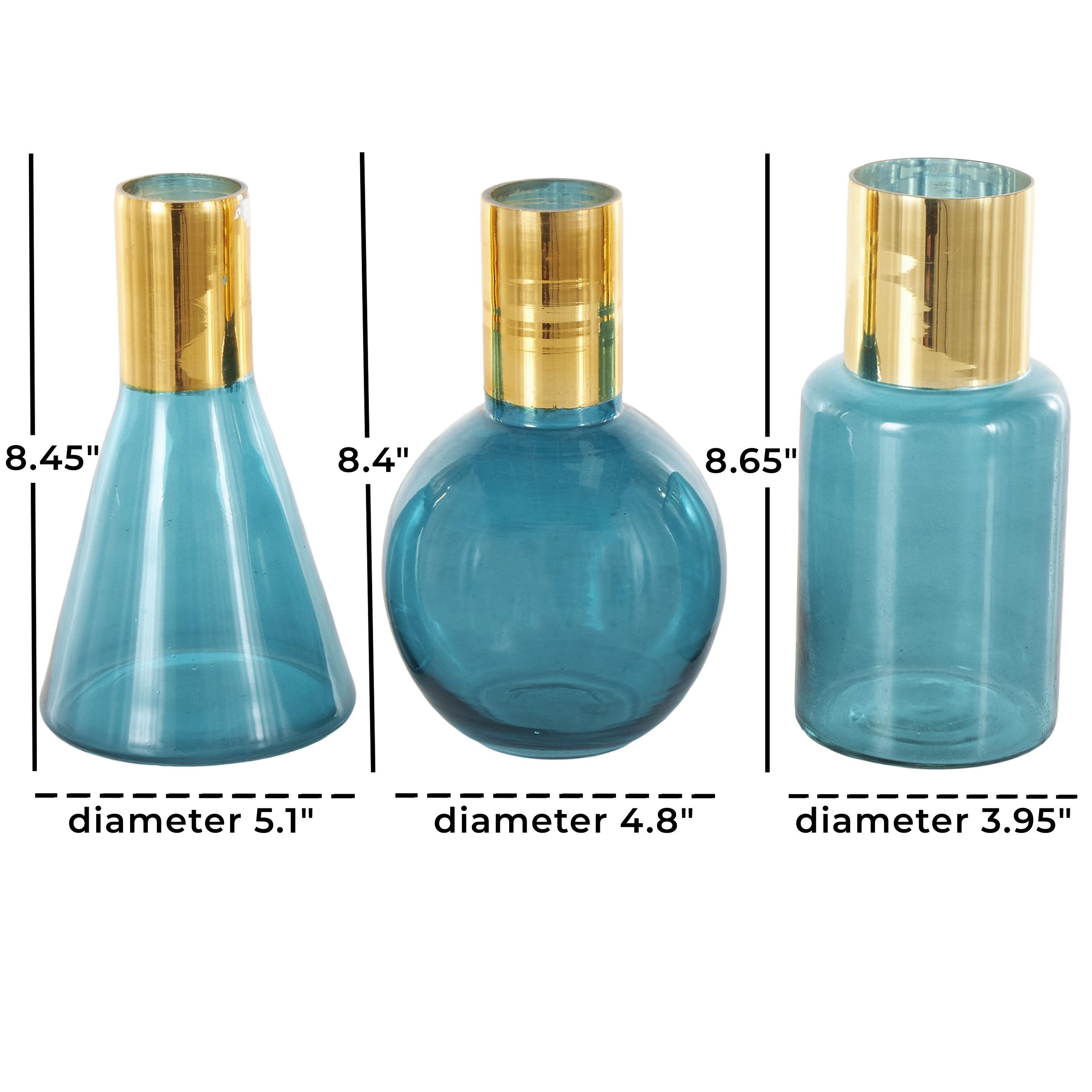 Blue or Gold Glass Tinted Geometric Decorative Vase with Gold Rim and Varying Shapes (Set of 3)