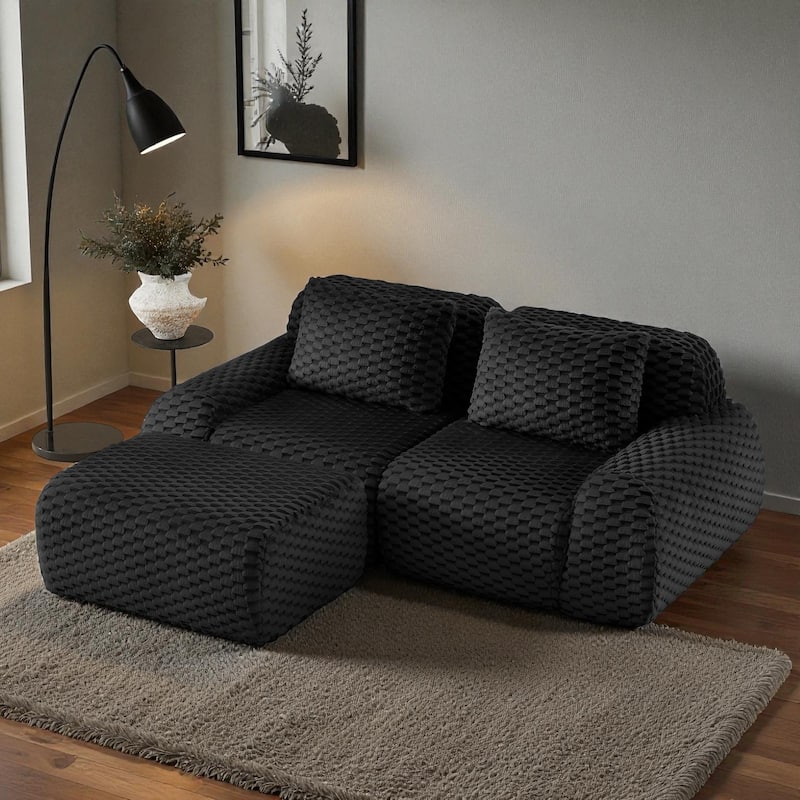 82" Modern L-Shaped Modular Sectional Sofa, Flannelette Fabric Oversized 2-Seater with Movable Ottoman & No-Assembly Design - Black