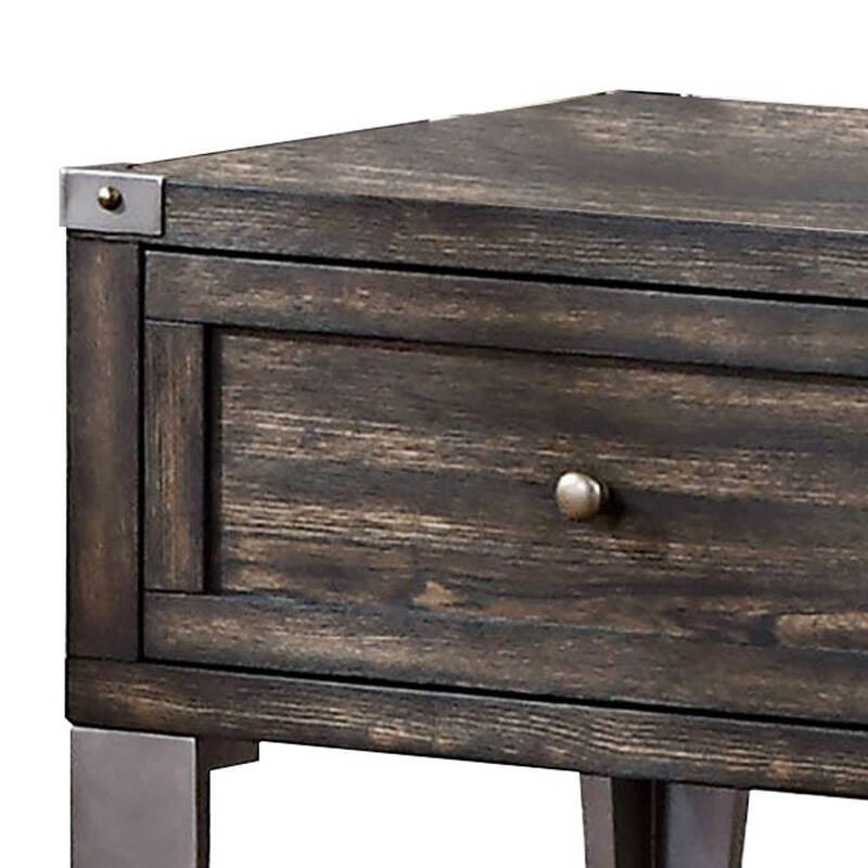 1 Drawer Wooden End Table with Metal Angled Legs, Brown