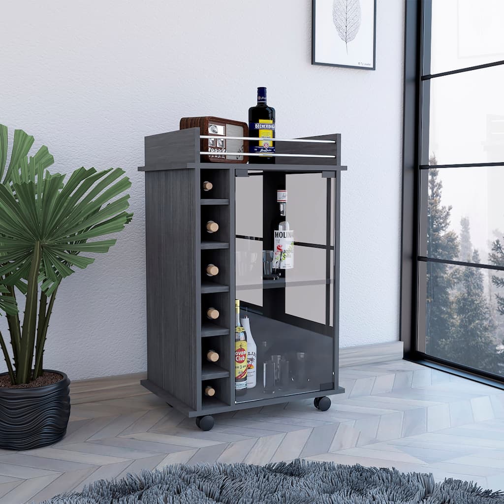 TUHOME Dukat Bar Cart,Two Shelves, Six Built-in Wine Rack and Four Casters - N/A
