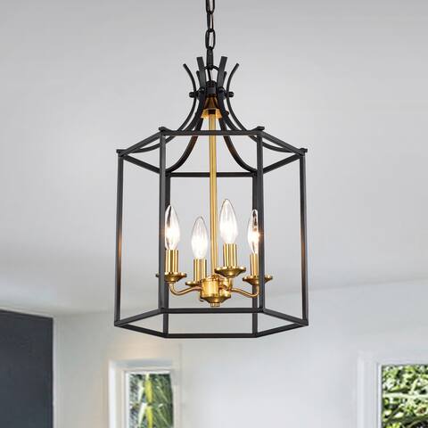 Black and Antique Gold 4-Light Lantern Statement Pendant