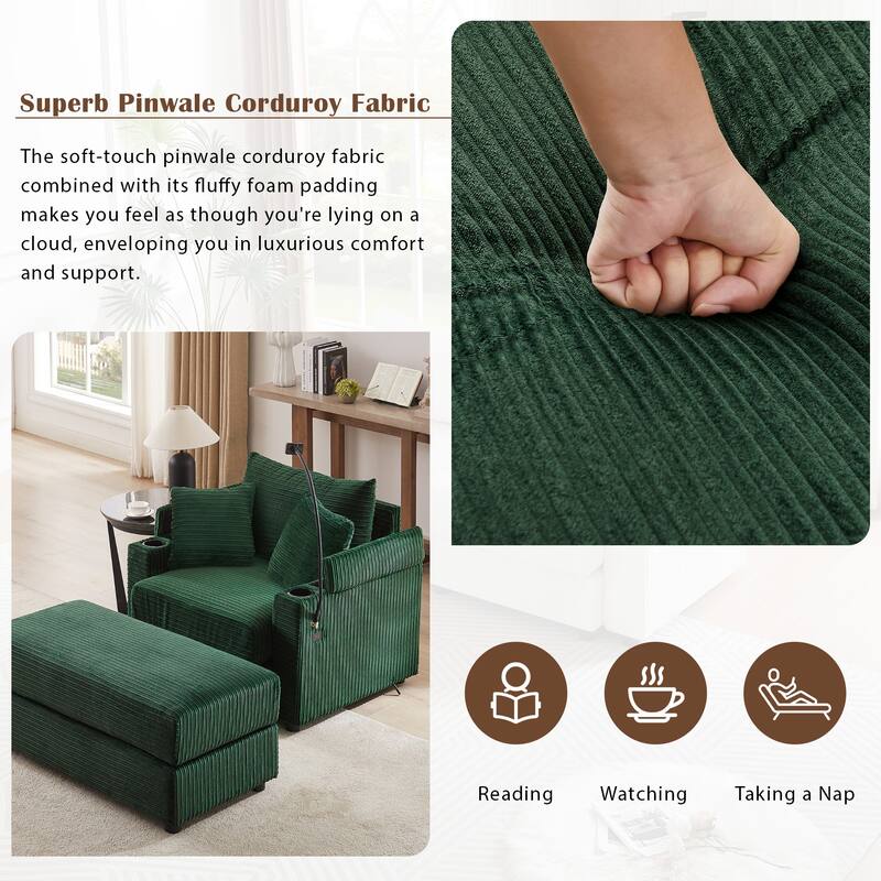 Corduroy Armchair with Footrest & USB