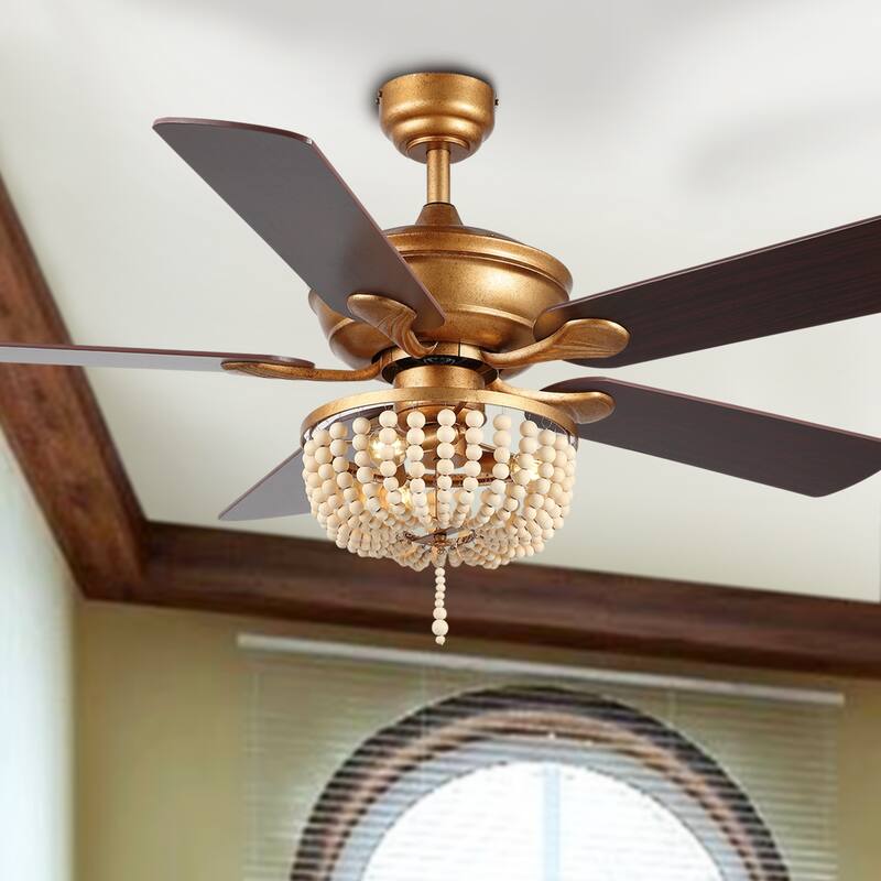 Quinn 52" 3-Light Rustic Farmhouse Iron/Wood Bead Mobile-App/Remote-Controlled LED Ceiling Fan, by JONATHAN Y
