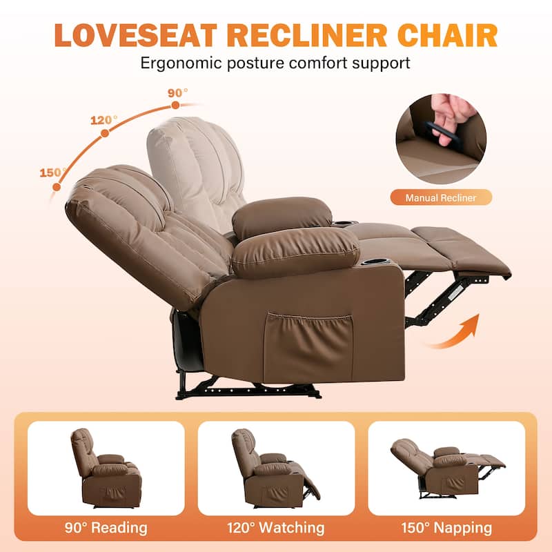 Manual Recliner Loveseat with Massage & Heating, Cup Holders & Side Pocket for Living Room