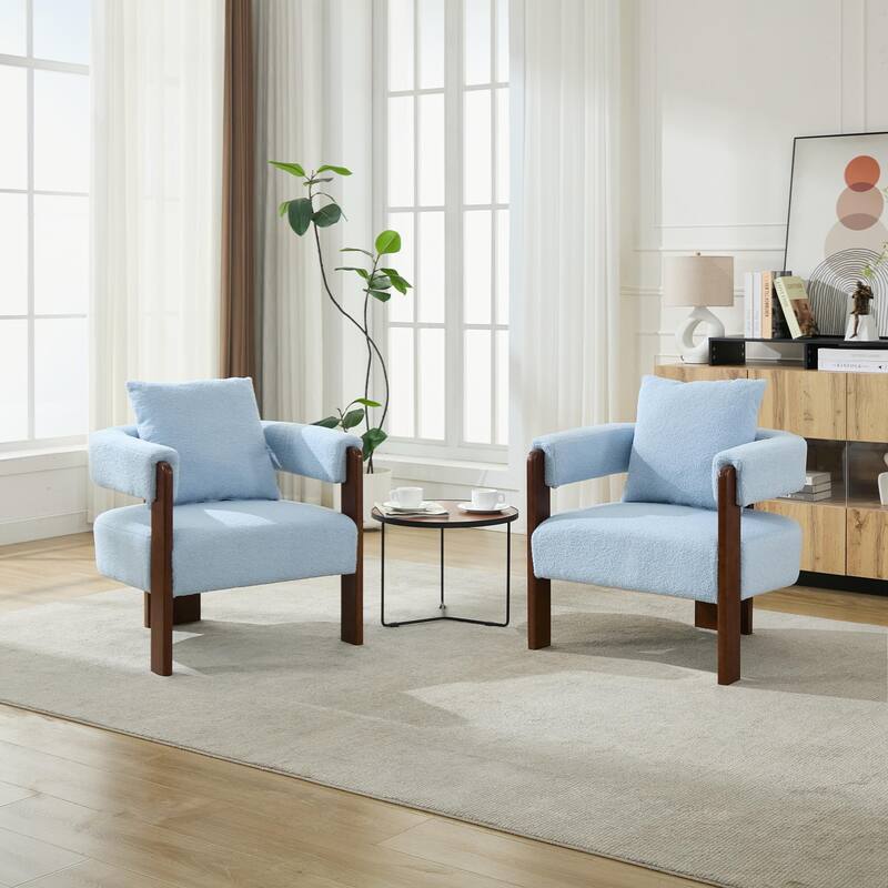 SEYNAR Modern Teddy Upholstered Fabric Round Armchair with pillow Set of 2 - Blue