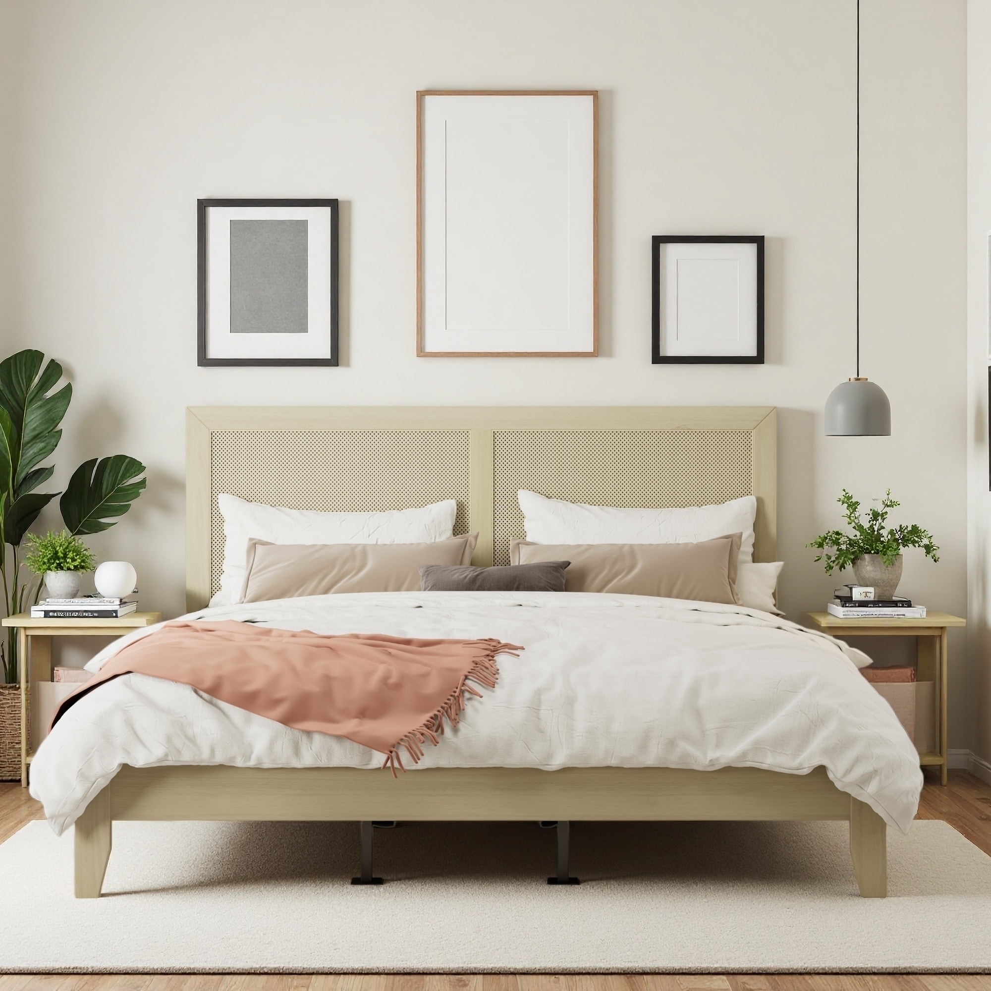 Solid Wood Platform Bed with Rattan Design