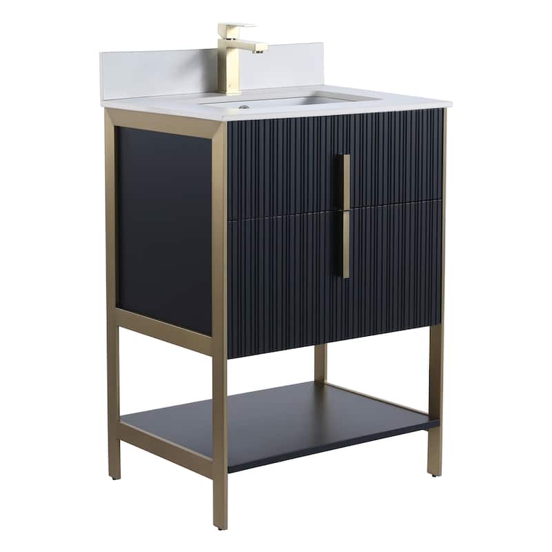 Fine Fixtures Serenity Modern Bathroom Vanity with White Stone Top - Black Matte - Brass Hardware - 24 inch