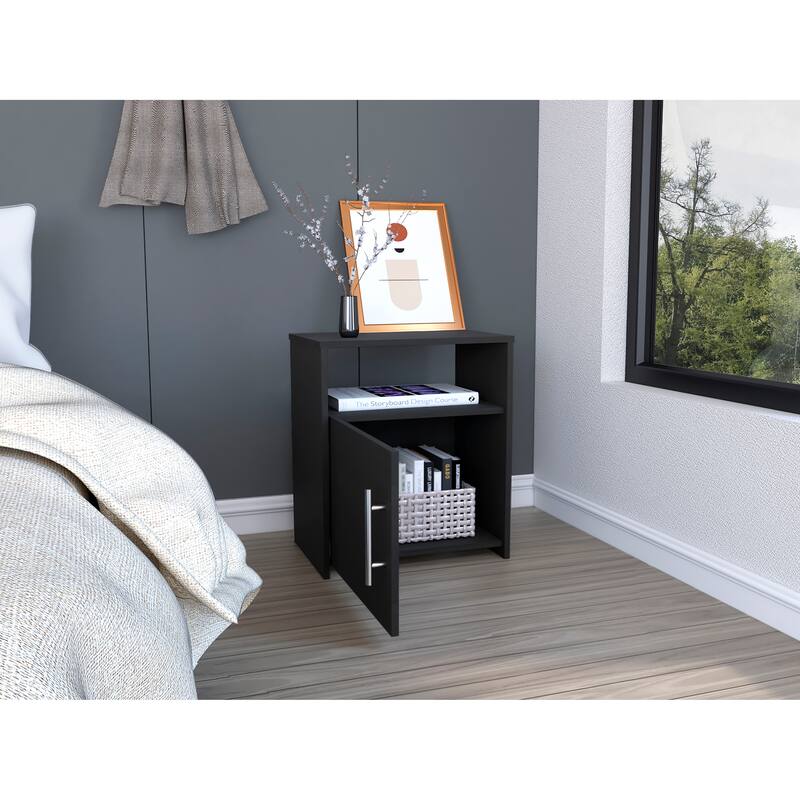 Black Wengue Nightstand with One Cabinet and Shelf
