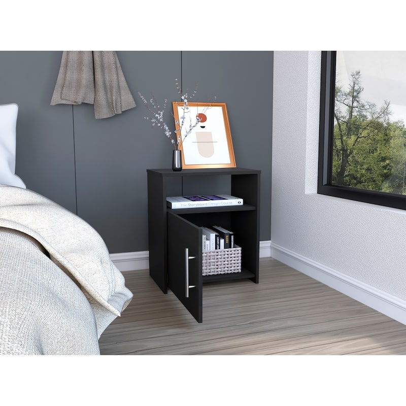 Nordico Nightstand, One Shelf, Single Door Cabinet, Metal Handle -Black