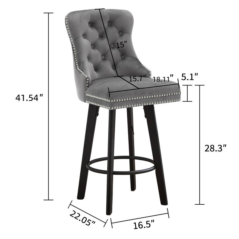 Modern Swivel Bar Stools, Dark Gray Velvet with Button Tufting & Rivet Trim, Large Backrest & Footrest, Set of 2