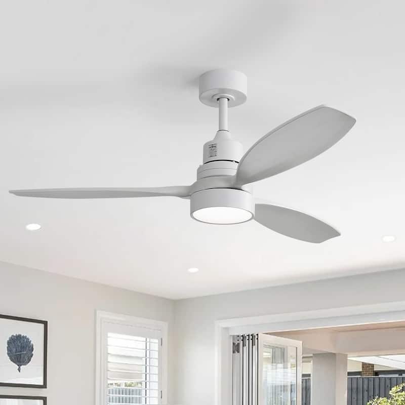 Sofucor 52 Inch Noiseless Ceiling Fan with Dimmable LED Light and Remote, 3 Solid wood Blades,Reversible DC Motor - With Light - White with White Blades