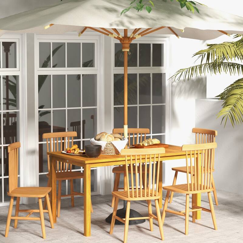 Outsunny Rectangle Patio Table for 6, Outdoor Dining Table with Umbrella Hole, Acacia Wood Table for Garden, Backyard, Deck