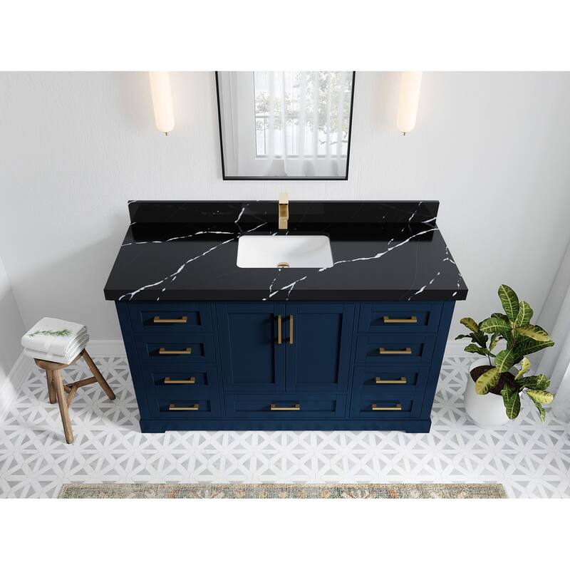 Willow Collection 60 in W x 22 in D x 36 in H Boston Single Bowl Sink Bathroom Vanity with Countertop - 2"Calacatta Black - Navy Blue