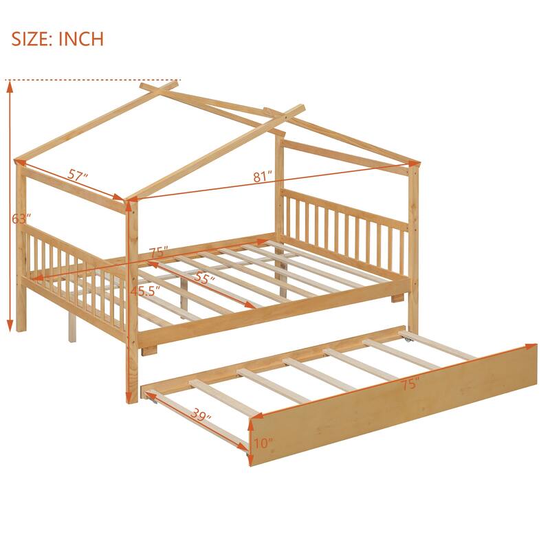 Kids Full Size House Bed with Pull-Out Trundle and Headboards Durable Pine Construction