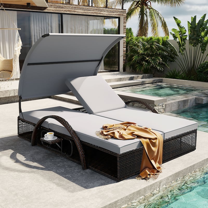 Outdoor Steel Frame Sun Lounger with Adjustable Backrest,Patio Double Sunbed - Gray