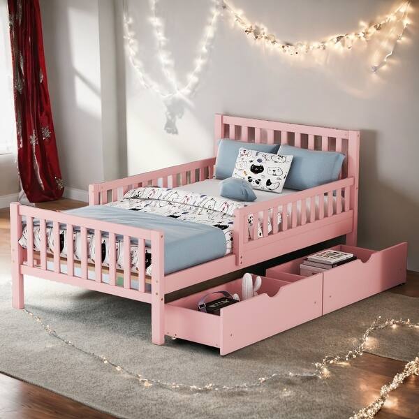 slide 2 of 7, Twin Size Wood Platform Bed with Guardrails and 2 Storage Drawers - Pink Pink