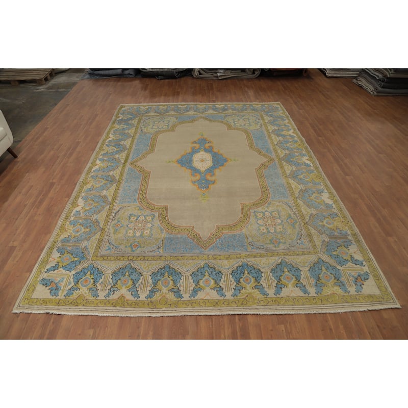 Hand Knotted Oriental 100% Wool Carpet Traditional Medallion Beige & Ivories Kerman Area Rug - 13' 4'' X 9' 7''