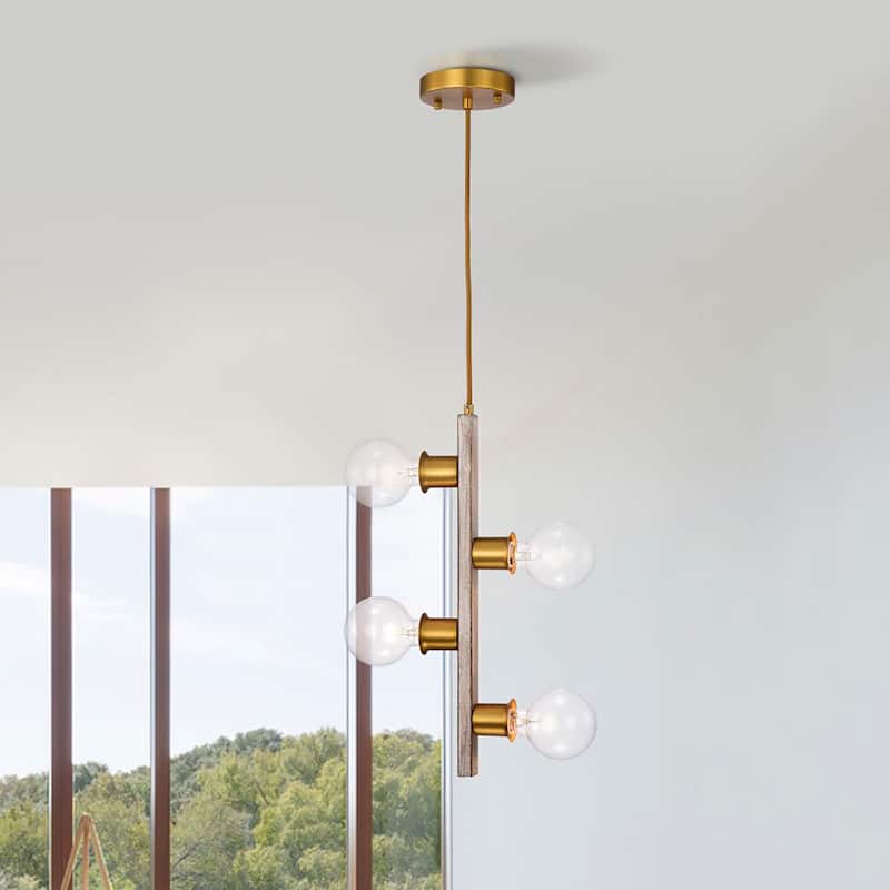 Vertical Linear Pendant Light Wood Grain+Matte Gold 4-Light