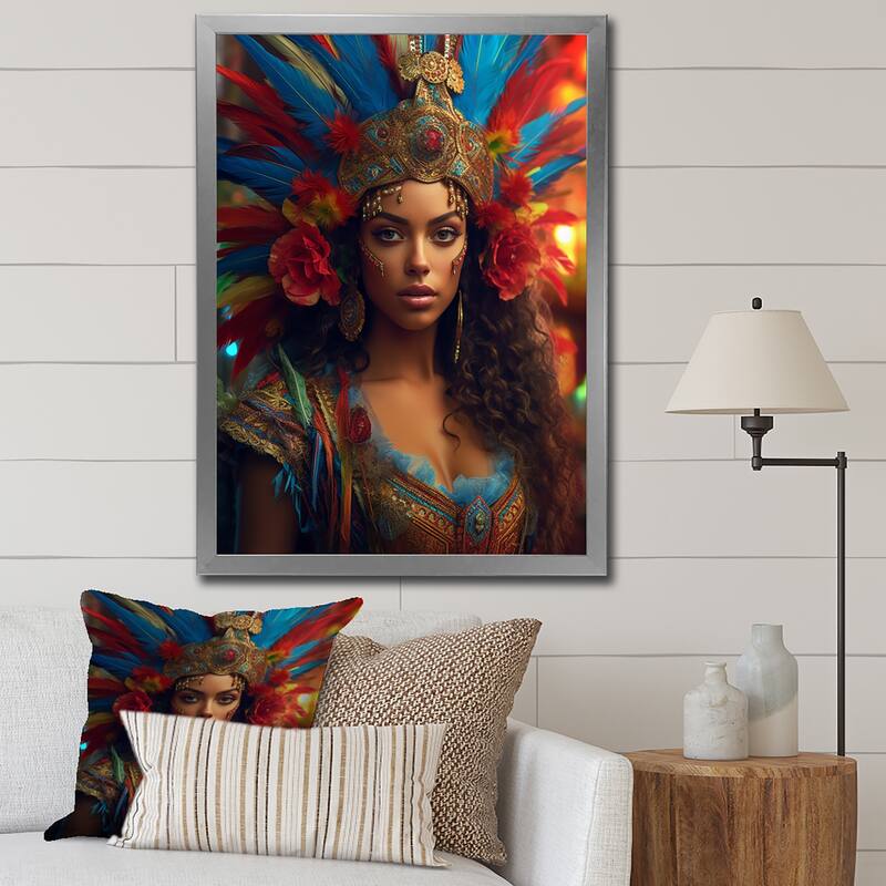 Designart "Multicolor Brazilian Spectrum of Spirit I" Fashion Woman Framed Canvas Wall Art - 24 in. wide x 32 in. high - Silver