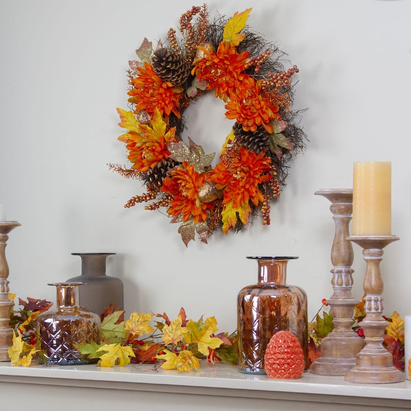 Mums and Acorns Artificial Fall Harvest Floral Twig Wreath - 22" - Unlit