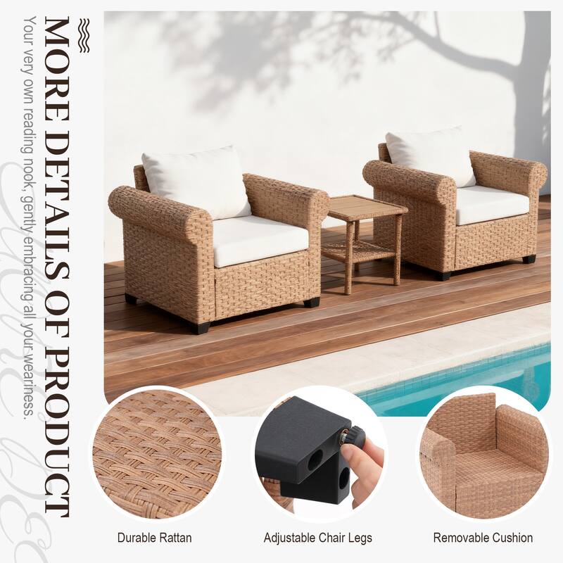 Outdoor Wicker Patio Conversation Set with 2 Armchairs & Side Table