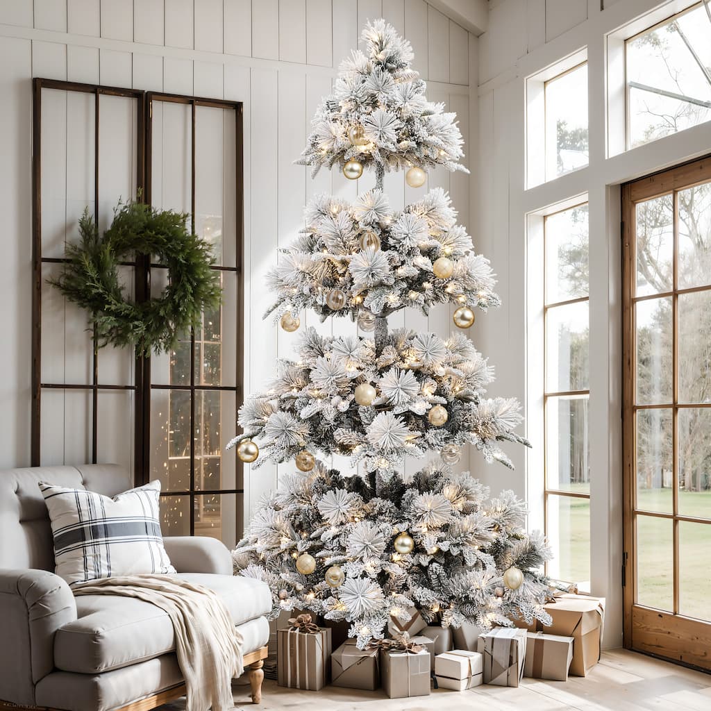 7.5Ft Pre-Lit Hinged Snow Flocked Slender Artificial Pine Christmas Tree - 90" H x 48.8" Diameter