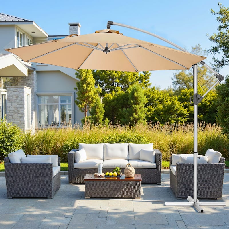 120" Patio Umbrella with Upgraded Aluminum Frame,Cantilever Hanging Market Umbrella with Base Included,UV Resistant