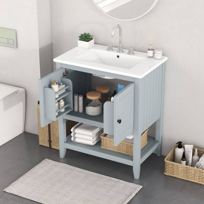 30" White Modern Sleek Bathroom Vanity - Gray