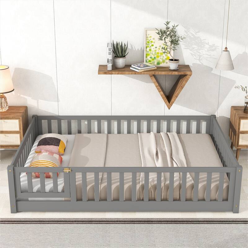 Pine Wood Floor Platform Bed with Fence and Door