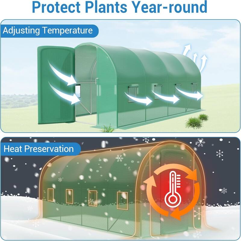 15X7x7 Ft Large Walk-in Outdoor Greenhouse with Swing Door & 8 Mesh Windows, Green - W200*D450*H200cm