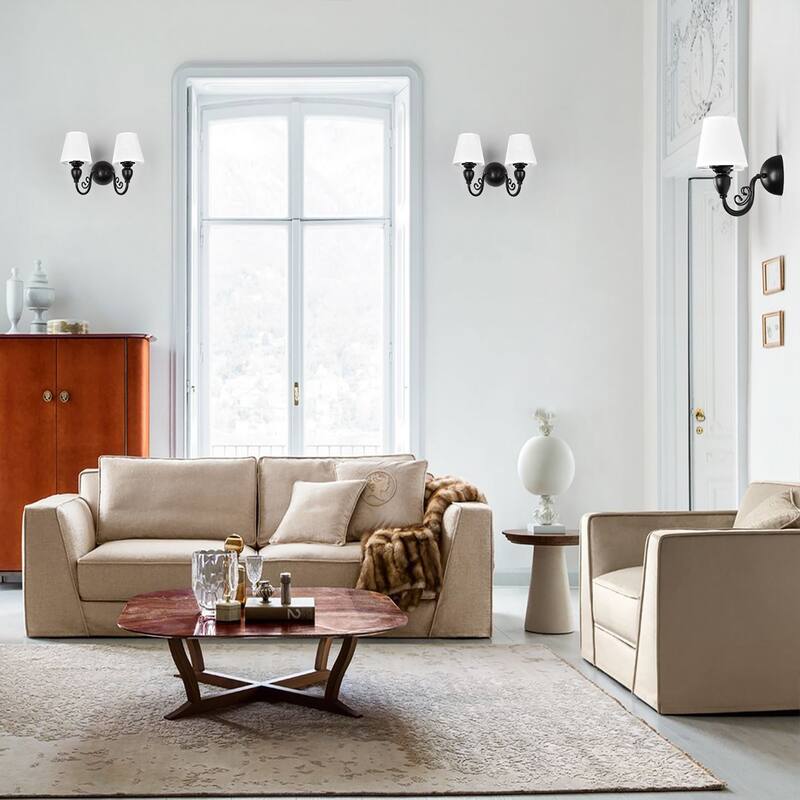 2 - Light Simple Round Wall Sconce with White Shades - Matte Black