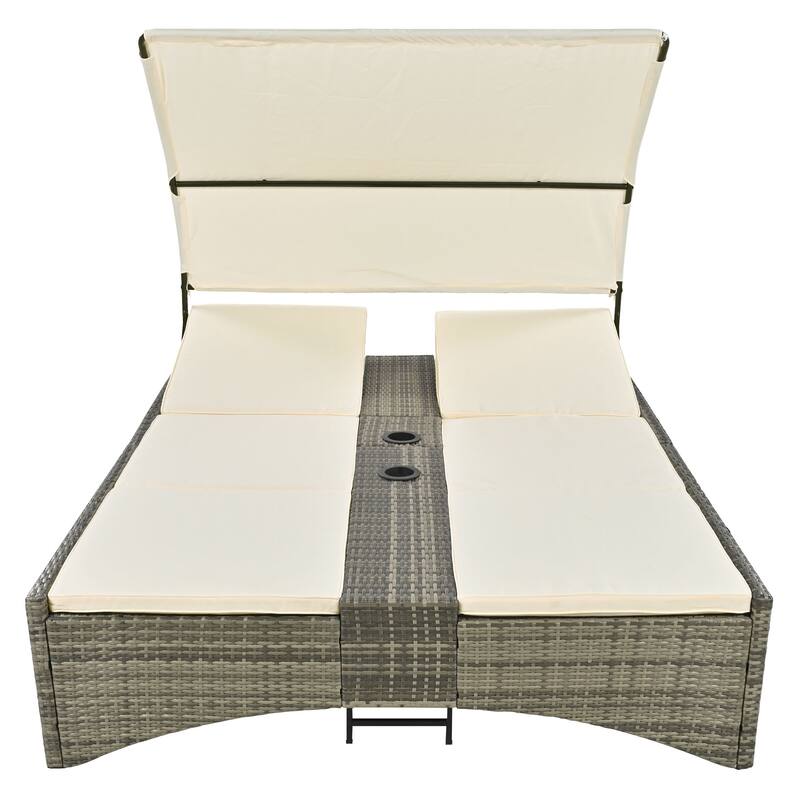Outdoor Patio Rattan Daybed Sunbed with Canopy and Adjustable Backrest, Storage Box and 2 Cup Holders