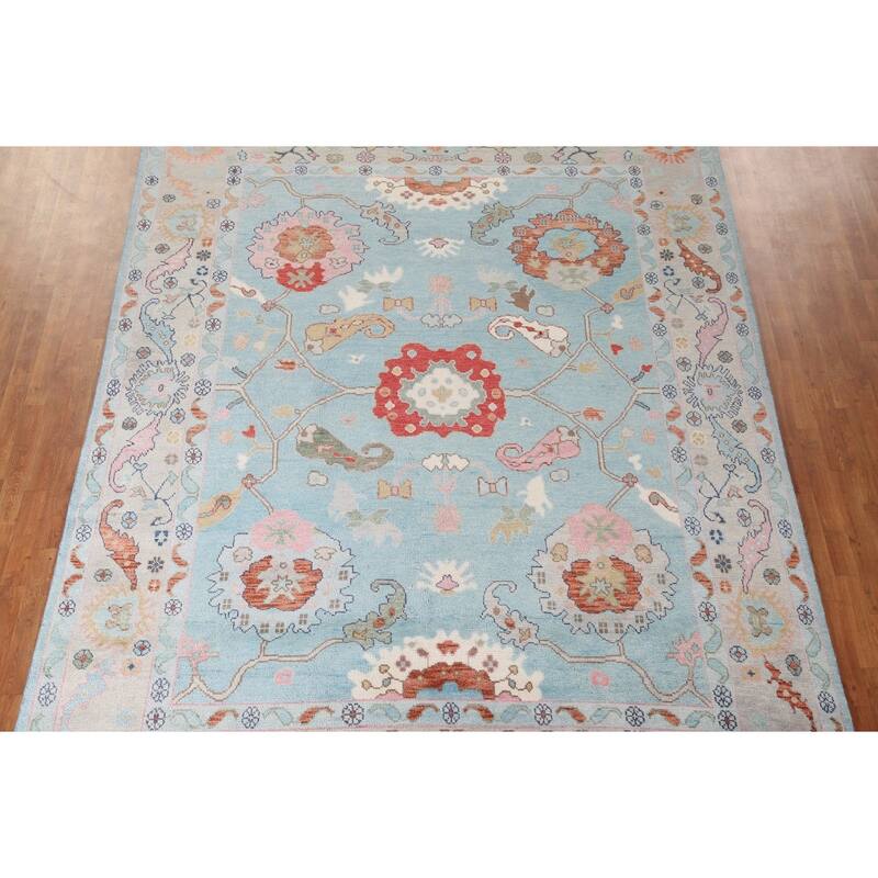 Light Blue Floral Oushak Area Rug Hand-Knotted Oriental Wool Carpet - 8'11"x 11'10"